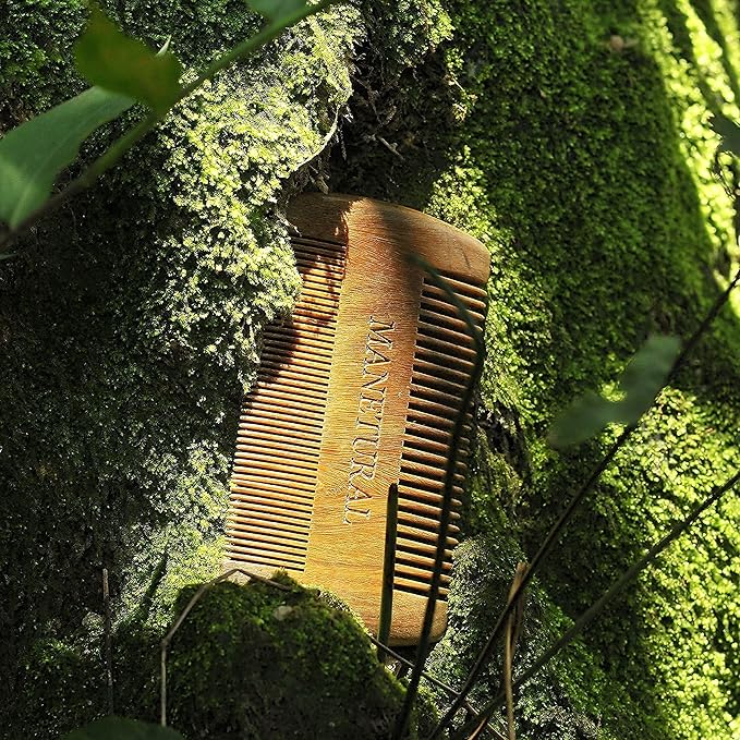 MANETURAL Premium Sandalwood Dual-Action Comb - Double-Tooth Design for Men's Fine & Wide Hair, Mustache Comb, Protective PU Leather Case