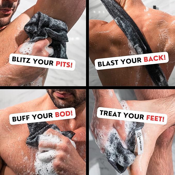 Extra Rough Exfoliating Washcloth - Extreme Body & Back Scrubber for Shower, Extra Long, Hygienic Exfoliator Wash Cloth, Men Or Women, 2 Count Pack, 1 Black & 1 Grey Color, Bye Bye Loofah