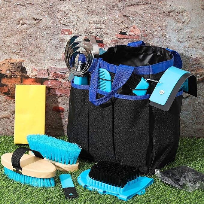 Abbylike 12 Pieces Horse Grooming Kit with Organizer Tote Bag Tack Room Supplies Horse Brush Sets Equine Care Cleaning Kit Shedding Grooming Massaging Tools(Blue)