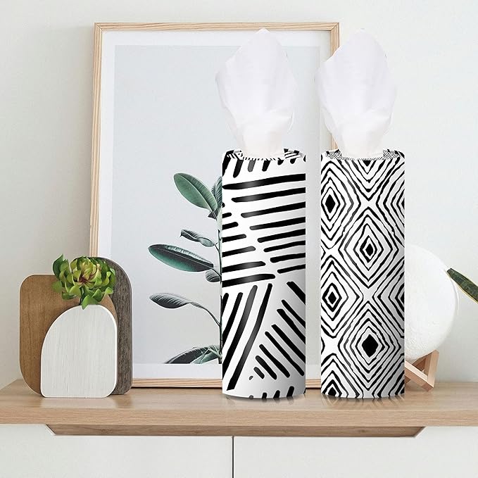 4-Pack Car Tissue Cylinders - Modern Black Line Design, Fits Car Cup Holders, Travel Tissue Tubes with Facial Tissues (Black & White)
