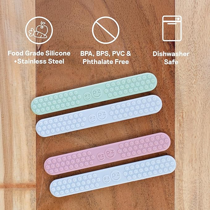 ezpz Sensory Tongue Depressors - All Ages (2 Pack in Sage/Pewter) - Silicone/Stainless Steel Tongue Depressor for Visibility Into the Mouth + Healthy Oral Care Routine