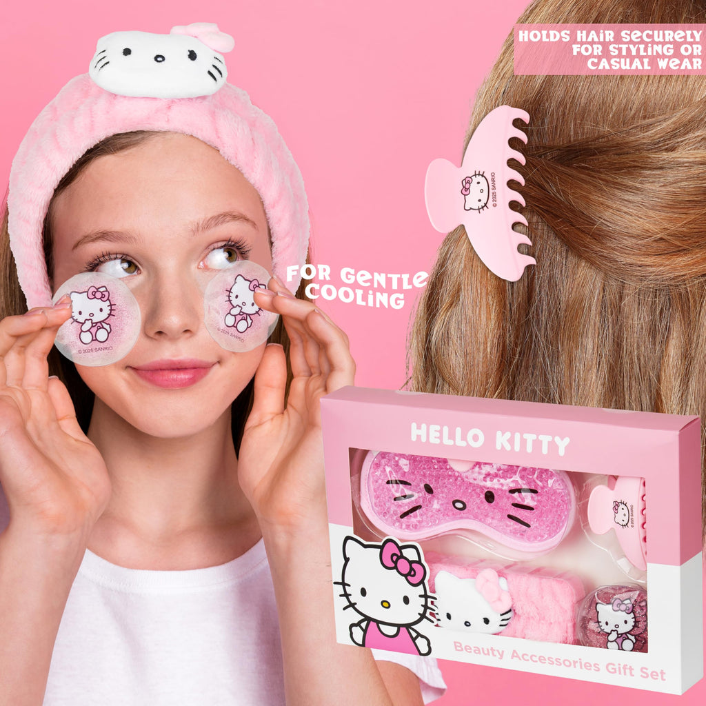 Hello Kitty Sanrio Beauty Set for Women, Teens with Cooling Gel Eye Mask, Plush Skincare Headband, Claw Clip, Eye Pads, Kawaii Gifts for Women (Pink Hello Kitty)