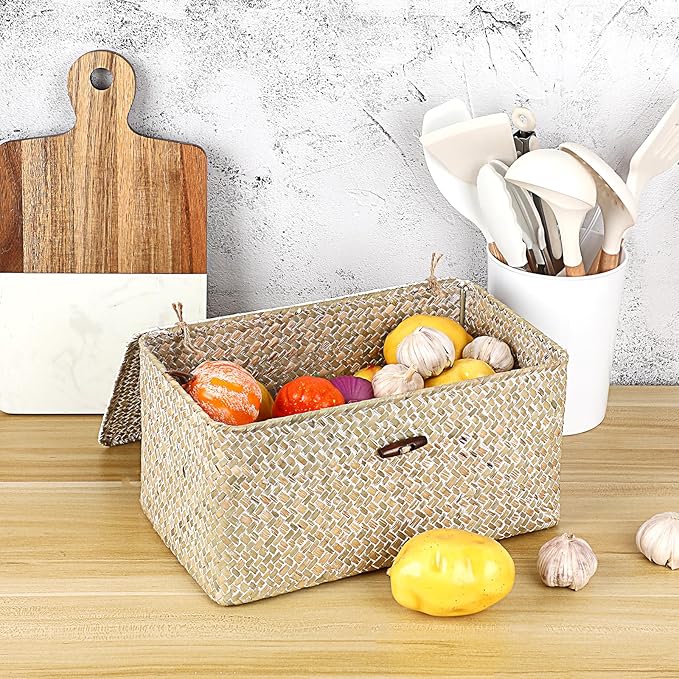 Sumnacon Wicker Basket with Lid Rectangle Woven Baskets for Toiletries Tampon Storage,Wicker Storage Basket with Lid,Decorative Seagrass Storage Baskets for Shelf Bathroom Toilet Table,Whitewash