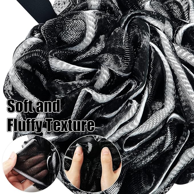 Shellwei 32 Pcs Bath Loofahs Sponge Shower Bulk 60 g for Men Black Large Charcoal Body Scrubber Mesh Shower Puff White Soft Exfoliating Pouf Balls for Women Bathing Accessories