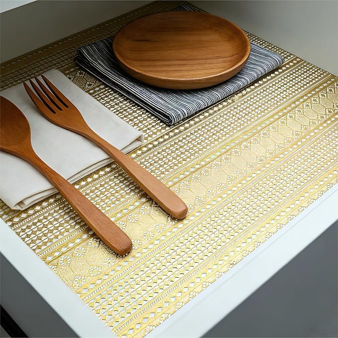 Shelf and Drawer Liner for Kitchen Cabinet,Non-Adhesive Waterproof Oil-Proof Easy Clean Shelf Liner for Dresser & Bathroom Vanities with Adhesive Dots & Cutting Tool(12 in X 30 Ft Gold Lace)