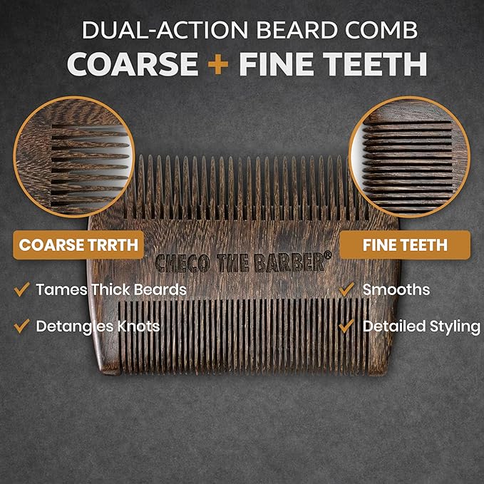 Sandalwood Beard Comb with Protective Case - Anti-Static Dual Action Fine & Coarse Teeth - Pocket Size Beard Grooming Tool for Men