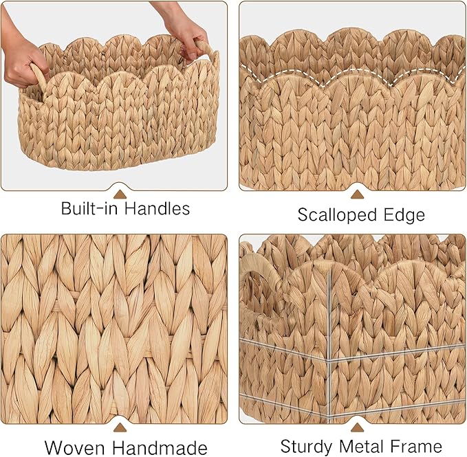 Scalloped Wicker Basket, Set of 2 Hand-Woven Natural Rattan Baskets with Built-in Handles, Water Hyacinth Storage Oval Cute Baby Baskets for Nursery, Organizing, Decor and Shelves