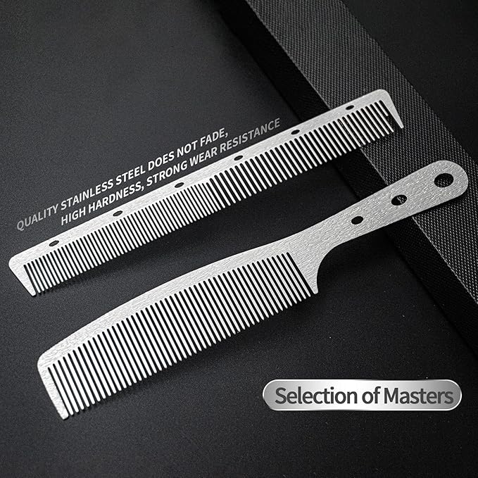 2 Pcs Metal Comb, Stainless Steel Fine Tooth Comb, Unbreakable Teeth Design, Anti Static comb, Heat Resistant, Professional Barber Comb Set, hair combs for men, Wood Grain Design