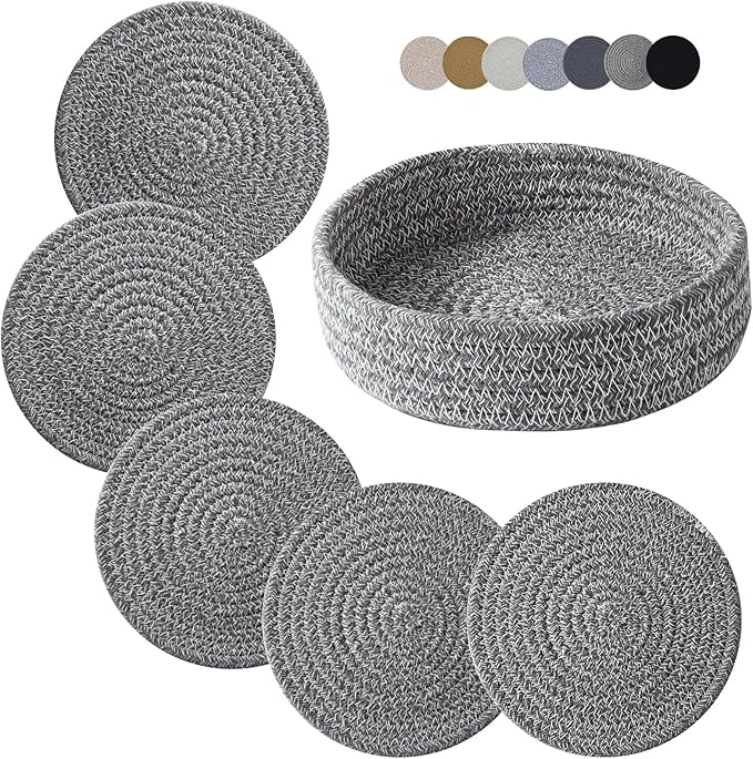 Coga Trivets for Hot Dishes, 5 Pack 7 Inch Cotton Hot Pads for Kitchen with Storage Basket, Round Pot Holders for Kitchen, Heat Resistant Mats for Countertop, Pots and Pans, Farmhouse Decor, D Grey