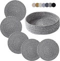Coga Trivets for Hot Dishes, 5 Pack 7 Inch Cotton Hot Pads for Kitchen with Storage Basket, Round Pot Holders for Kitchen, Heat Resistant Mats for Countertop, Pots and Pans, Farmhouse Decor, D Grey