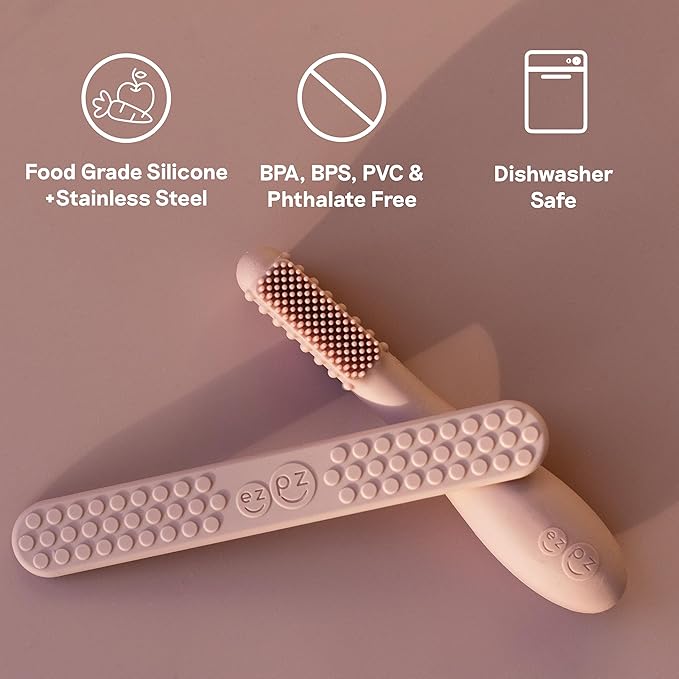 ezpz Baby-Led Toothbrush + Tongue Depressor Dual Pack (Sage) - 100% Silicone Toothbrush + Silicone/Stainless Steel Tongue Depressor - Helps Set-up Infants for a Healthy Oral Care Routine
