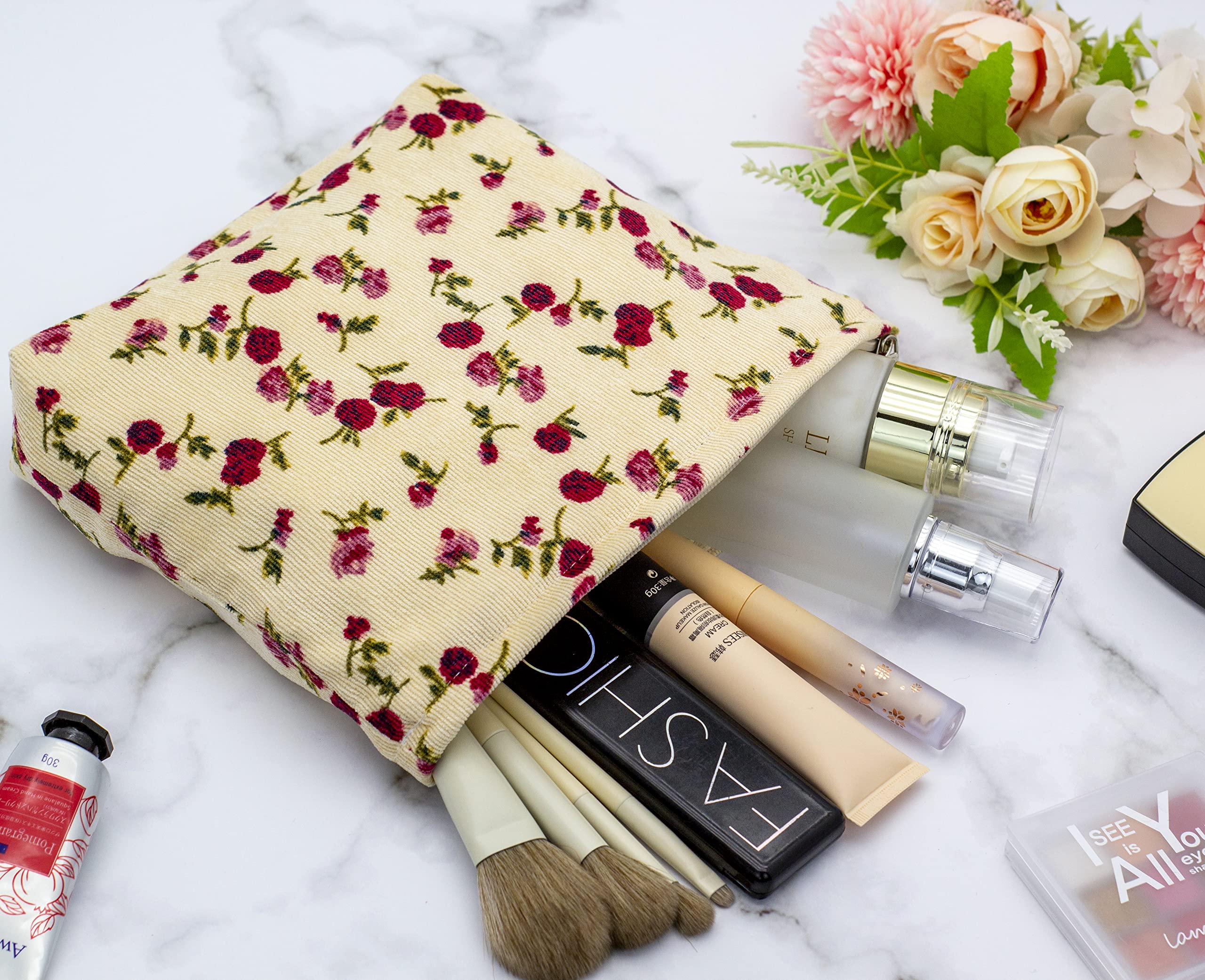 PAZIMIIK Makeup Bag Large Zipper Corduroy Make Up Pouch for Purse Travel Canvas Cosmetic Organizer for Women Brush Storage,Vintage Rose Beige
