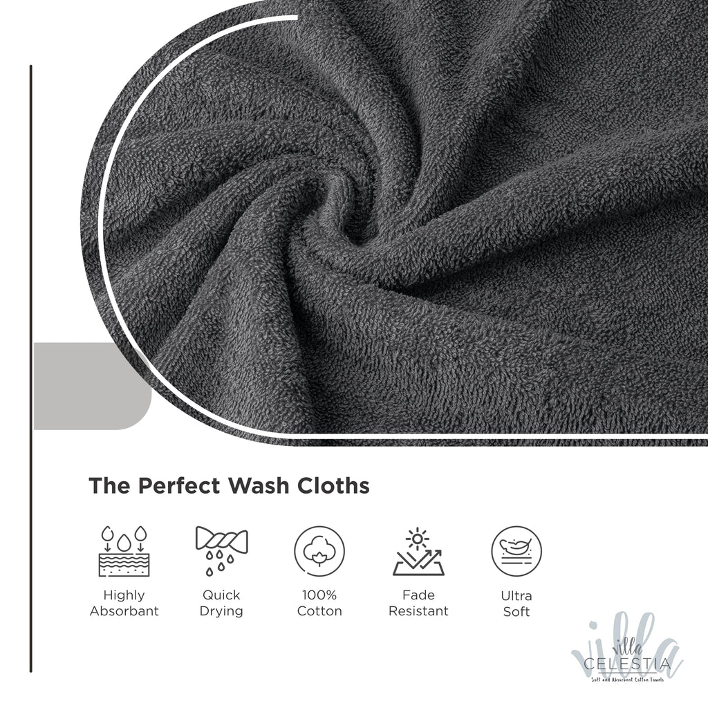 Villa Celestia Cotton Washcloths Set of 6, 12x12 Inch, 100% Ring-Spun Combed Cotton, Soft Absorbent Quick-Dry Wash Cloths for Face and Body, Oeko-TEX Certified, Hotel & Spa Quality, Grey