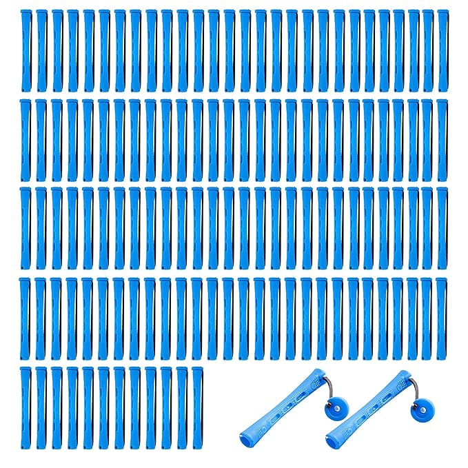 100Pcs Perm Rods for Natural Hair, Cold Wave Rods Set with Steel Pintail Comb, Non-Slip Plastic Hair Rollers for Heatless Curls, 0.28 x 3.23 Inches Curling Rods for Short Hair (Blue, 100 PCS)