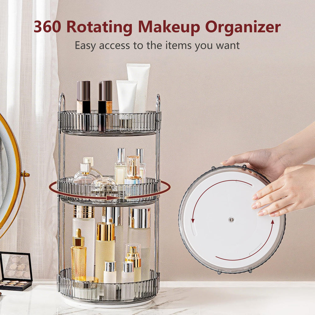 INVSSENE 360° Rotating Makeup Organizer, Bathroom Make Up Spinning Holder Rack, Large Capacity Cosmetics Storage Vanity Shelf Countertop, Fits Cosmetics, Perfume, Skincare, Lipsticks(3 Tiers, Gray)
