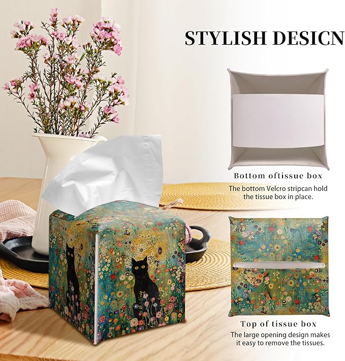Grace Yonks Cute Tissue Box Cover Square - Black Cat in Whimsical Flower Garden Print Design 5.2" PU Leather Holder for Vanity, Desk, or Bathroom Counter - Cube Case for Facial Tissues(025)