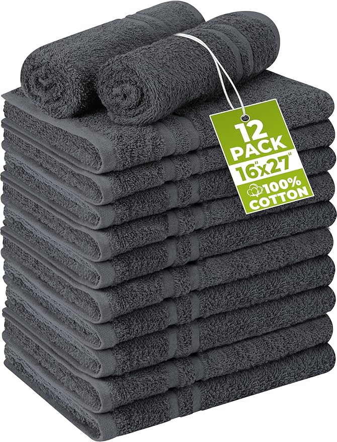 Utopia Towels Cotton Bleach Proof Salon Towel 16 by 27 inches, Bleach Safe 100% Cotton Hand Towel for Gym, 12 Pack, Dark Grey