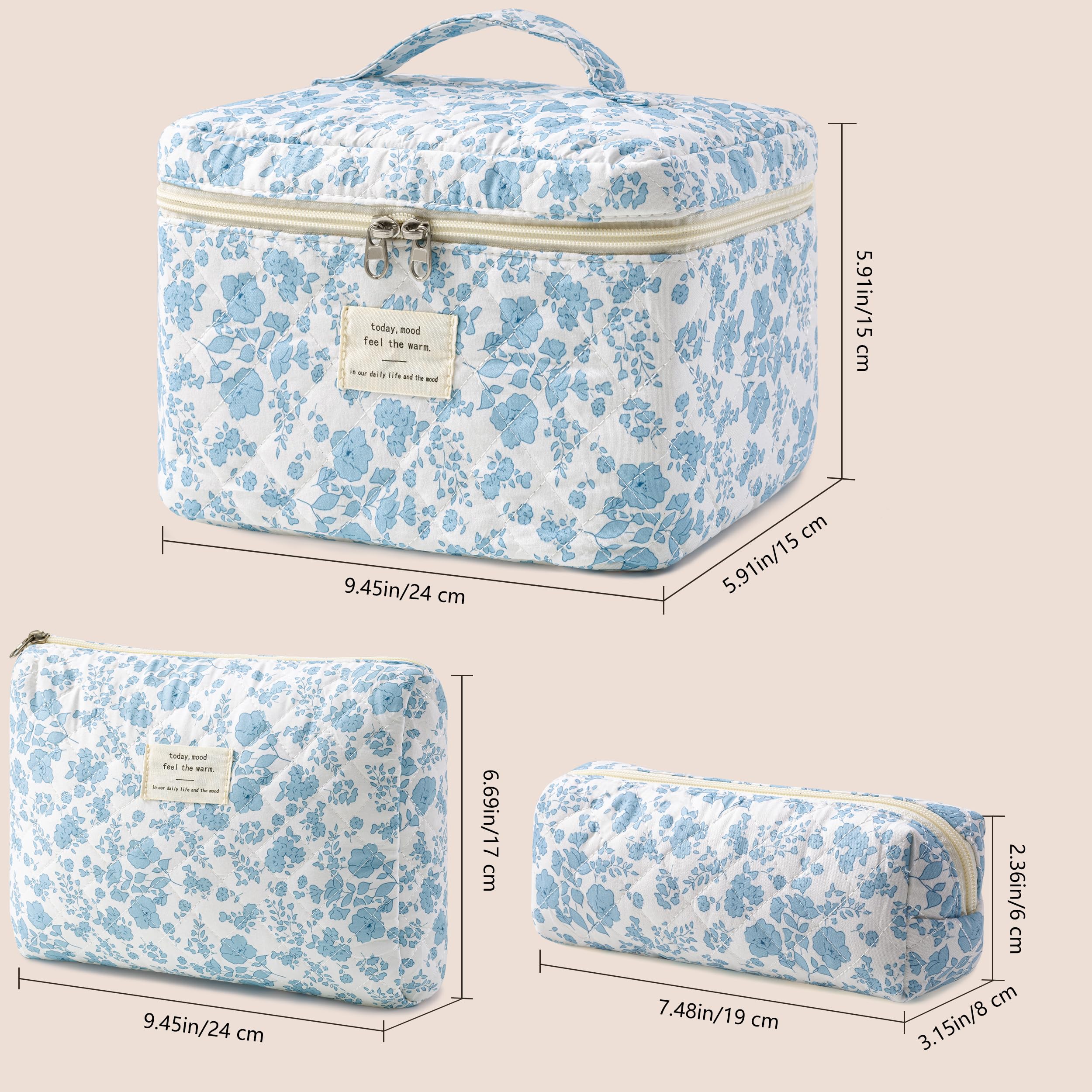 HBselect Quilted Makeup Bag, 3Pcs Cotton Large Travel Makeup Bags Organizer