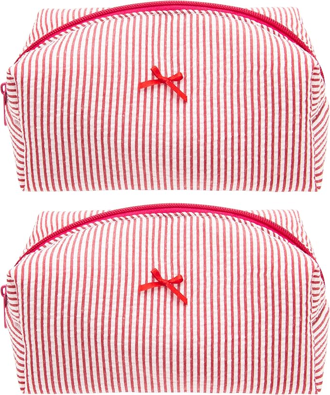 PAZIMIIK Cozy Makeup Bag for Women,Zipper Cosmetic Pouch,Stripe Red,2 Pack