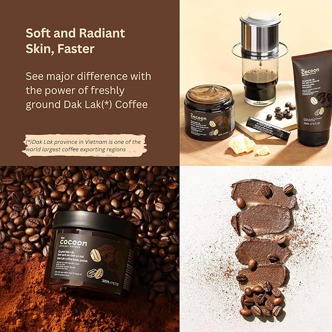 Cocoon Dak Lak Coffee Body Scrub with Coconut & Shea Butter, Exfoliating Dead Skin Remover for Sensitive Skin, Fragrance Free