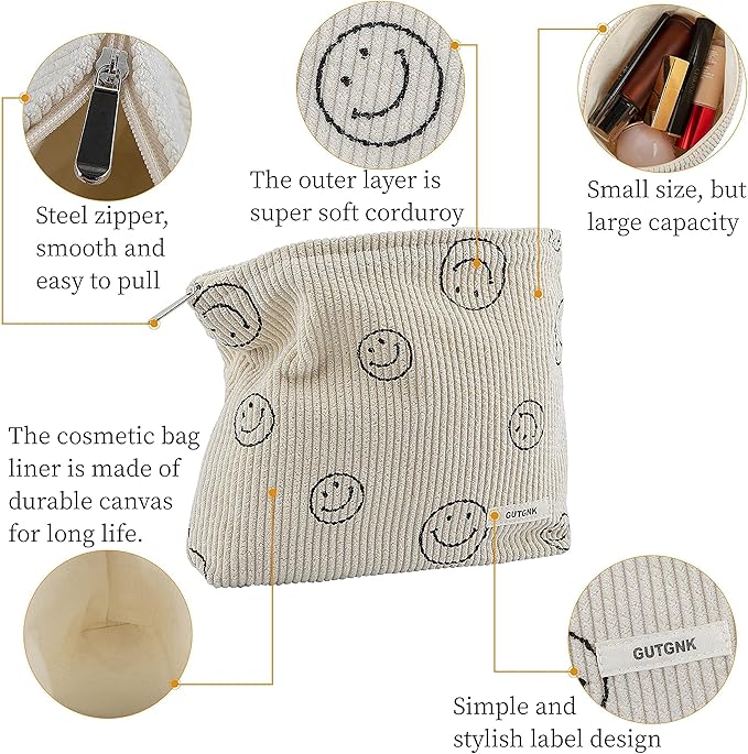 Makeup bag for Women, Corduroy Cosmetic Bag Aesthetic Design Ladies Tote Bag,Cute Smiley Face Makeup Organizer with Zipper - Gray