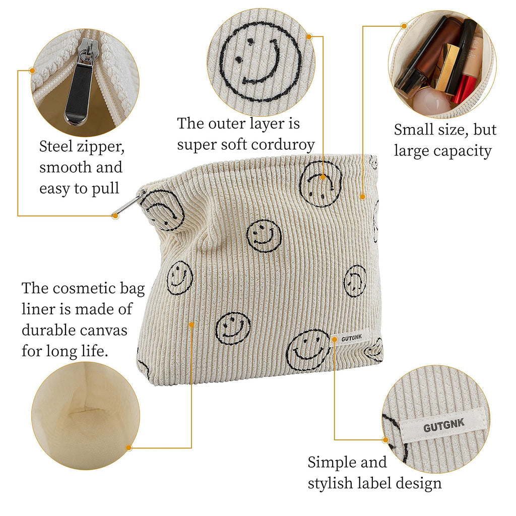 GUTGNK Makeup bag for Women, Corduroy Cosmetic Bag Aesthetic Design Ladies Tote Bag,Cute Smiley Face Makeup Organizer with Zipper - Blue