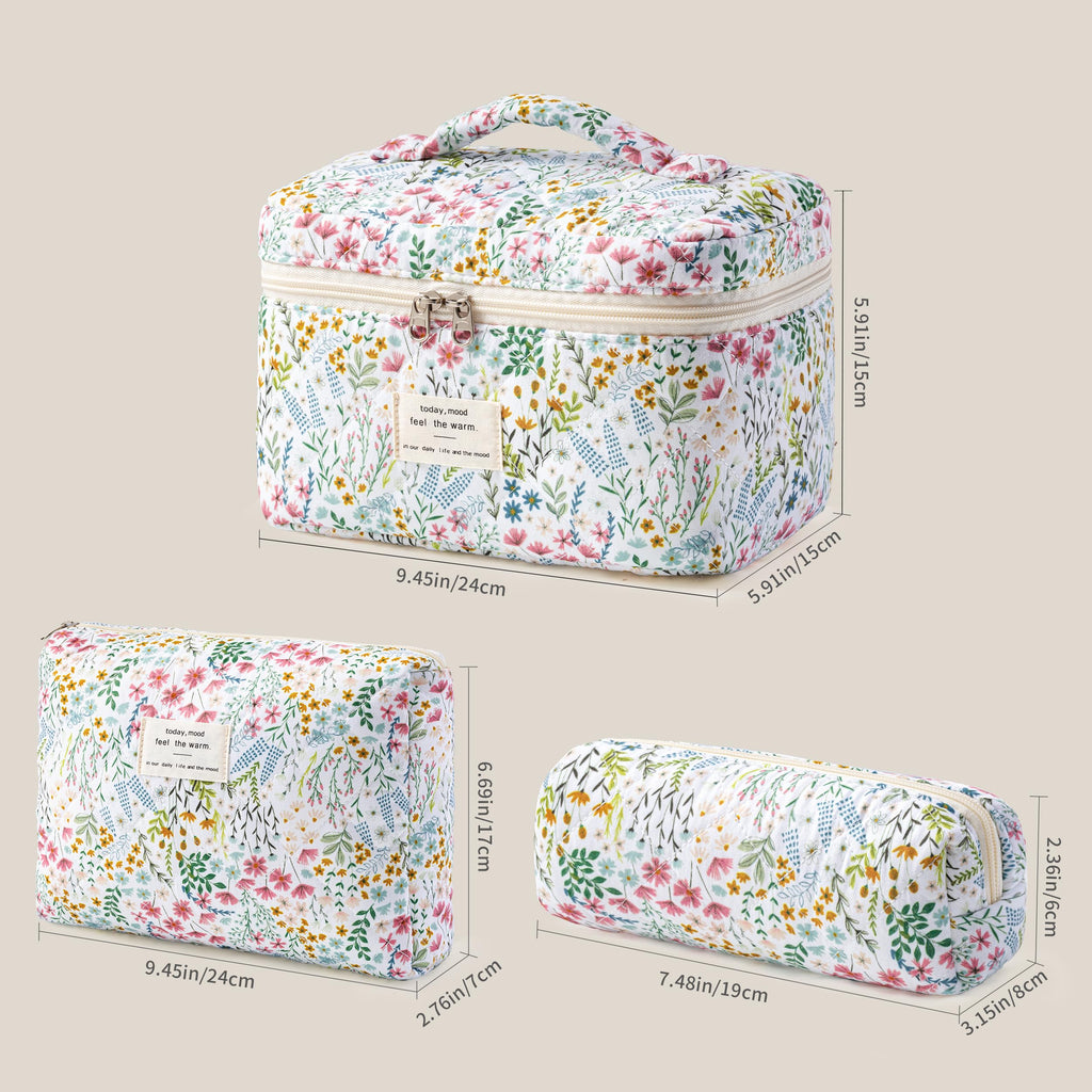 HBselect Quilted Makeup Bag, 3Pcs Cotton Large Travel Makeup Bags Organizer