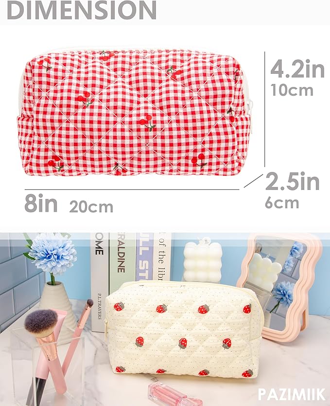 PAZIMIIK Small Quilted Makeup Bag,Zipper Cosmetic Pouch,Gingham Red Cherry
