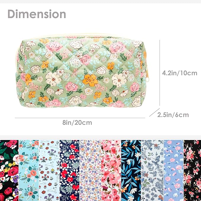 PAZIMIIK Small Quilted Makeup Bag,Zipper Cosmetic Pouch,Green Floral,6 Pack