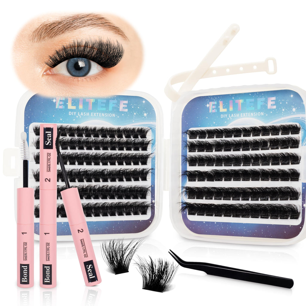 Elitefe Lash Extension Kit DIY Lash Clusters Kit Eyelash Extensions Individual Lashes Extensions with (Bond,Seal,Tweezers,240Pcs,150D+200D, 0.07D,10-18)