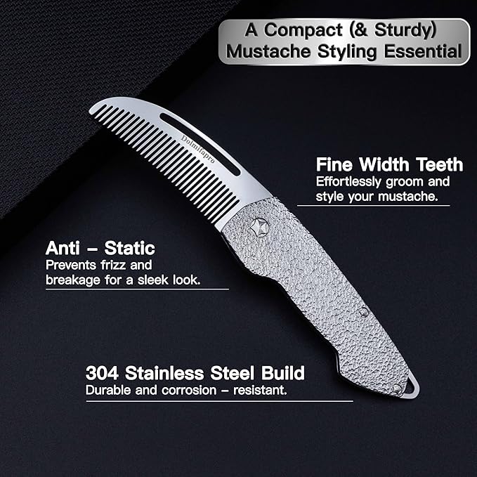 Dolmifapro Small Folding Mustache Comb, Metal Beard Comb for men EDC Pocket Mini Portable Fits In Keychain Anti-Static (Hammer Pattern)