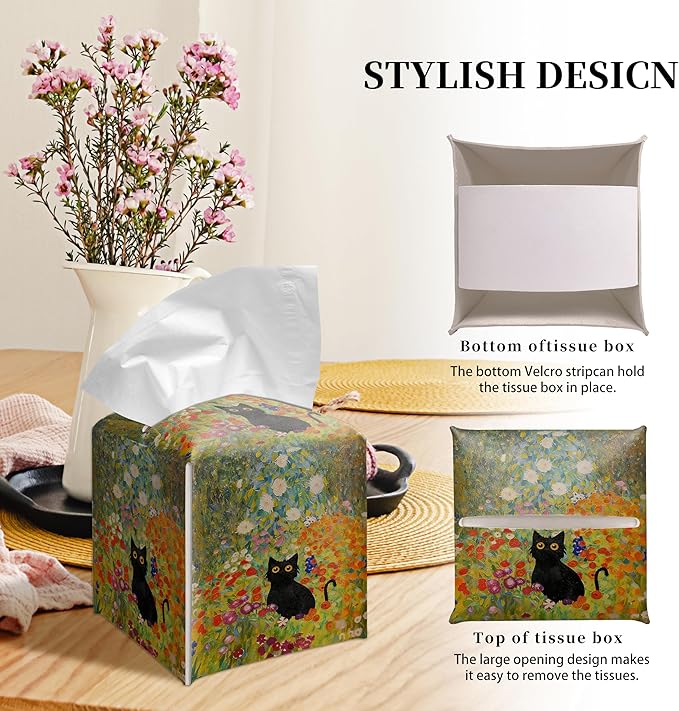 Grace Yonks Art Tissue Box Cover Square - Black Cat in Wildflower Garden Design 5.2" PU Leather Holder for Vanity, Desk, or Bathroom Counter - Cube Case for Facial Tissues. (120)