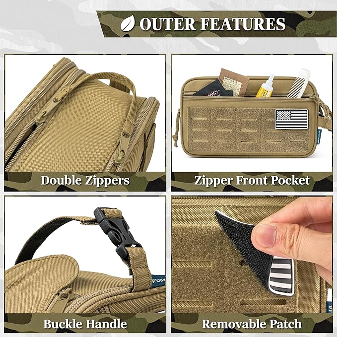 PAVILIA Tactical Toiletry Bag for Men, Water Resistant Molle Military Dopp Kit, Travel Hygiene Organizer with Wet Dry Storage for Shaving, Grooming, Gym and Camping, Tan XL