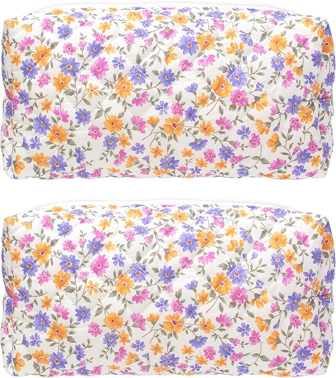 PAZIMIIK Small Quilted Makeup Bag,Zipper Cosmetic Pouch,Ditsy Floral,2 Pack