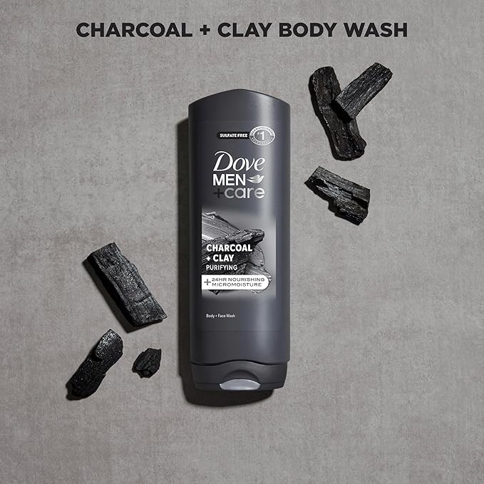DOVE MEN + CARE Body and Face Wash Purifying Charcoal + Clay Body Wash for Men with 24-Hour Nourishing Micromoisture Technology 18 oz