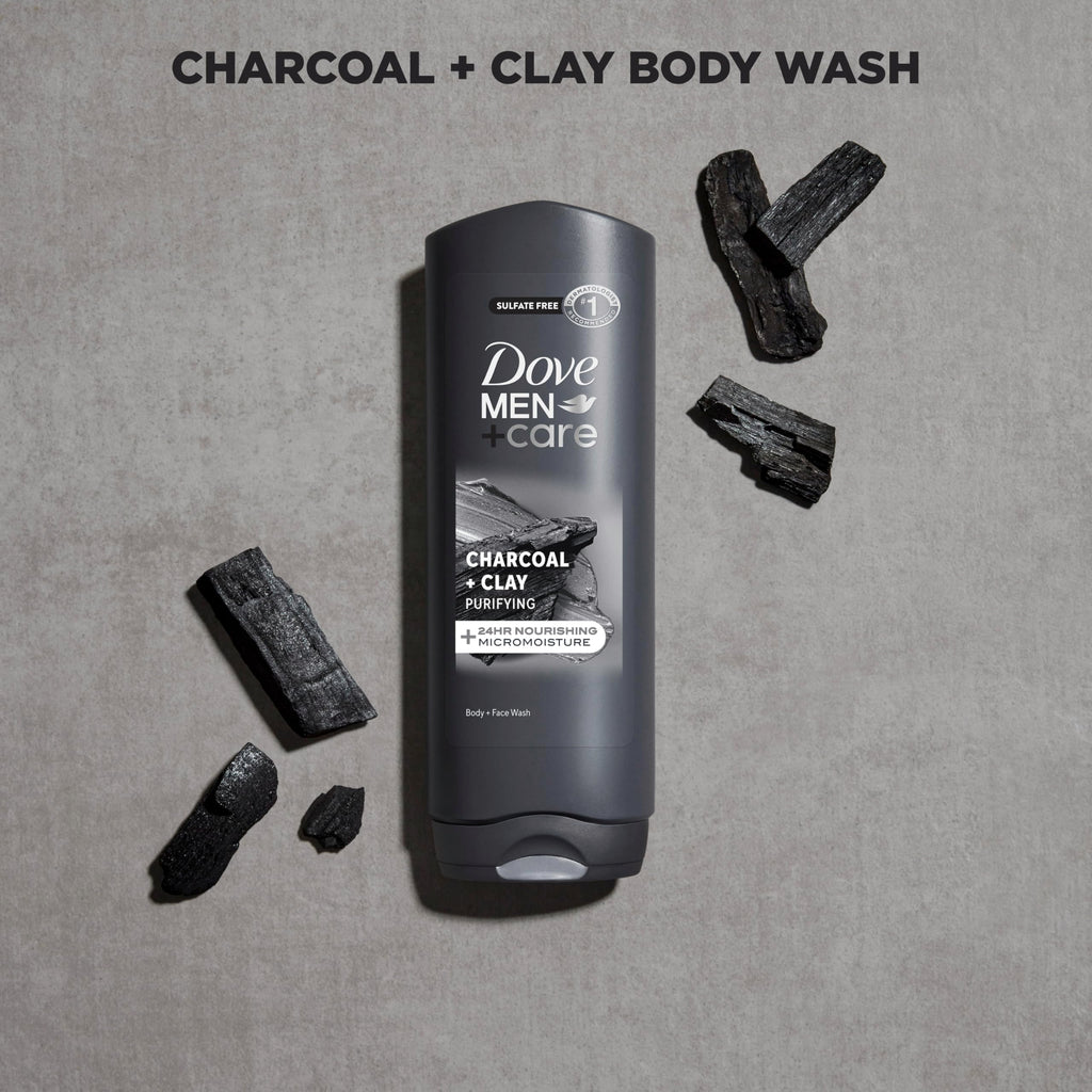 DOVE MEN + CARE Body and Face Wash Purifying Charcoal + Clay Body Wash for Men with 24-Hour Nourishing Micromoisture Technology 18 oz