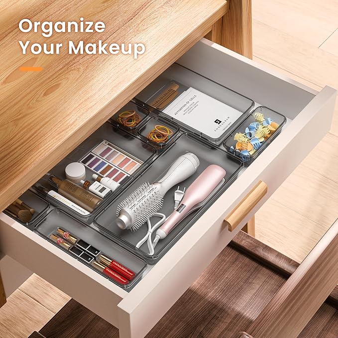 A-LuGei 【Military Grade】 Drawer Organizer,【𝟱𝗦𝗶𝘇𝗲】 Makeup organizer,【Holds 177 Items】 Bathroom Organizers and Storage,Organization and Storage,Desk Drawer Organizer for Vanity【Clear Black】