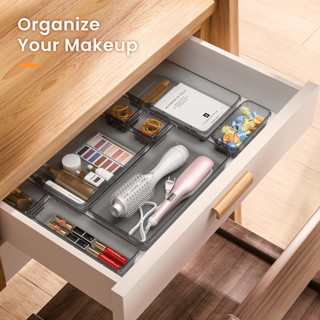 A-LuGei 【Military Grade】 Drawer Organizer,【𝟱𝗦𝗶𝘇𝗲】 Makeup organizer,【Holds 177 Items】 Bathroom Organizers and Storage,Organization and Storage,Desk Drawer Organizer for Vanity【Clear Black】