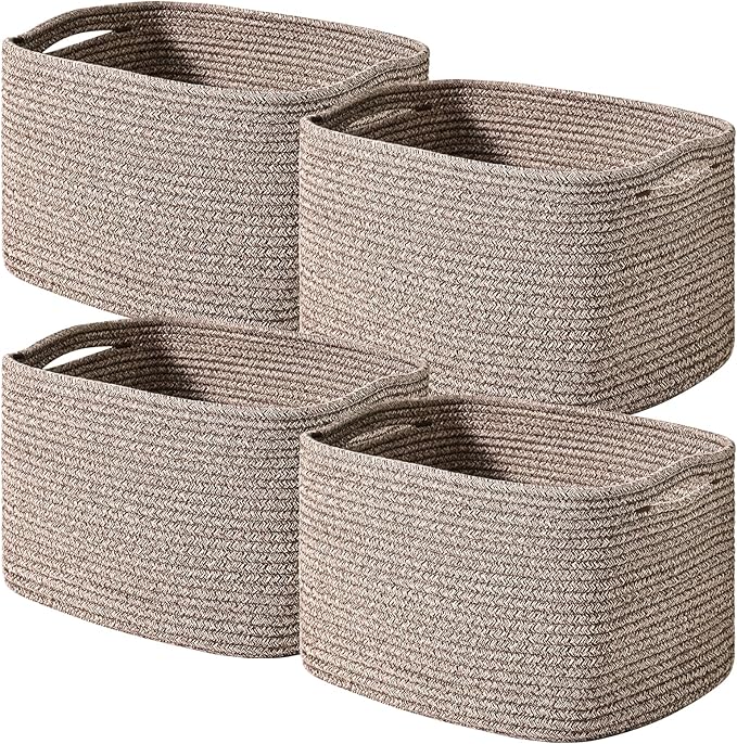 ICERZCZ Storage Baskets for Shelves Organizing, Woven Cotton Rope Baskets for Storage, Book Basket, Decorative Shelf Basket, 12.5"Lx9.1''Wx7.9''H (4 Packs) Dark Brown