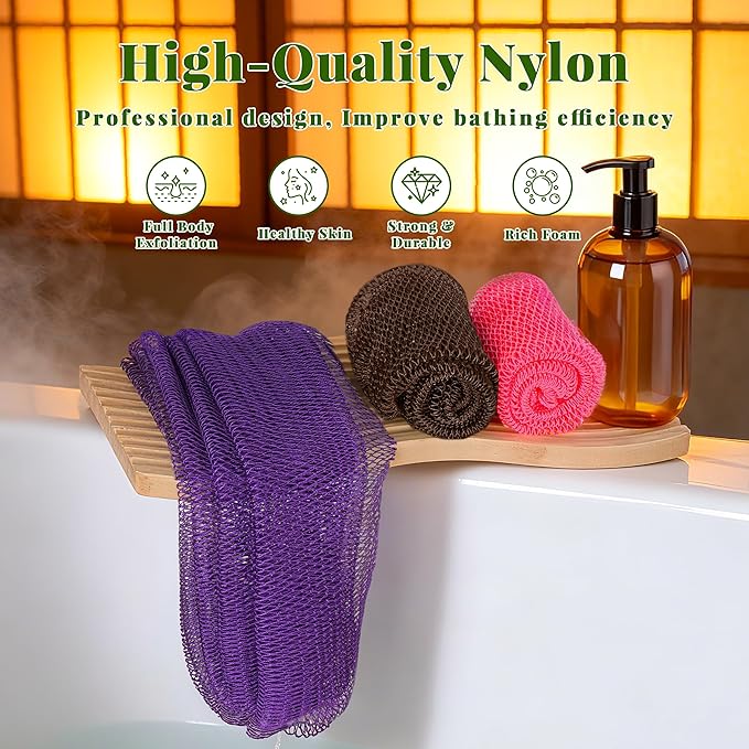 African Net Sponge Authentic, 3 Pieces Exfoliating Scrubber Bath Sponge for All Skin Types, Back Scrubber Loofah Washcloth for Shower, Gentle Exfoliation (Pink,Purple,Brown)