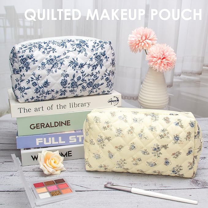PAZIMIIK Small Quilted Makeup Bag,Zipper Cosmetic Pouch,Hyacinth Beige