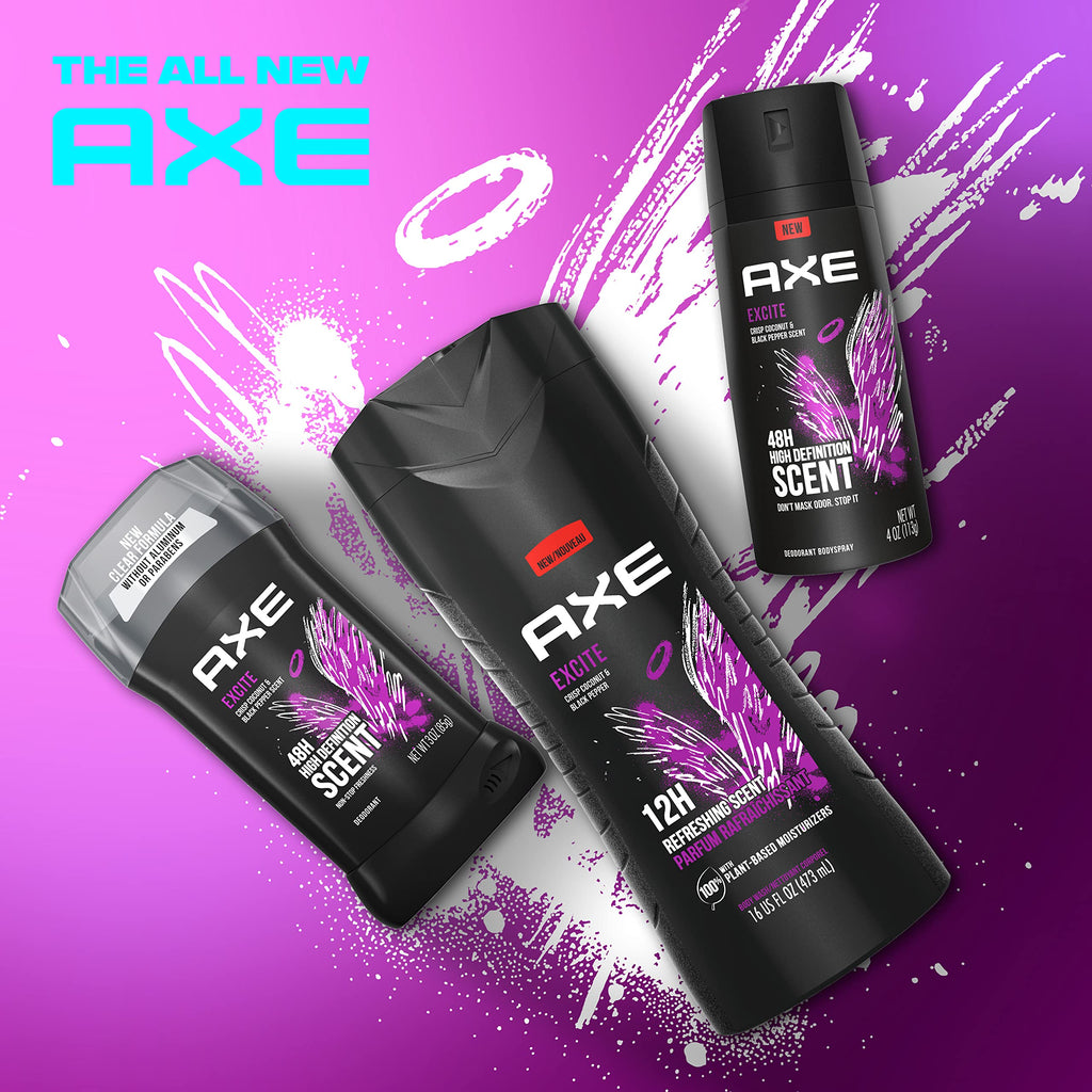 AXE Crisp Coconut & Black Pepper Body Wash 4 Count 12h Refreshing Scent Excite Men's Body Wash with 100% Plant-Based Moisturizers 16 oz