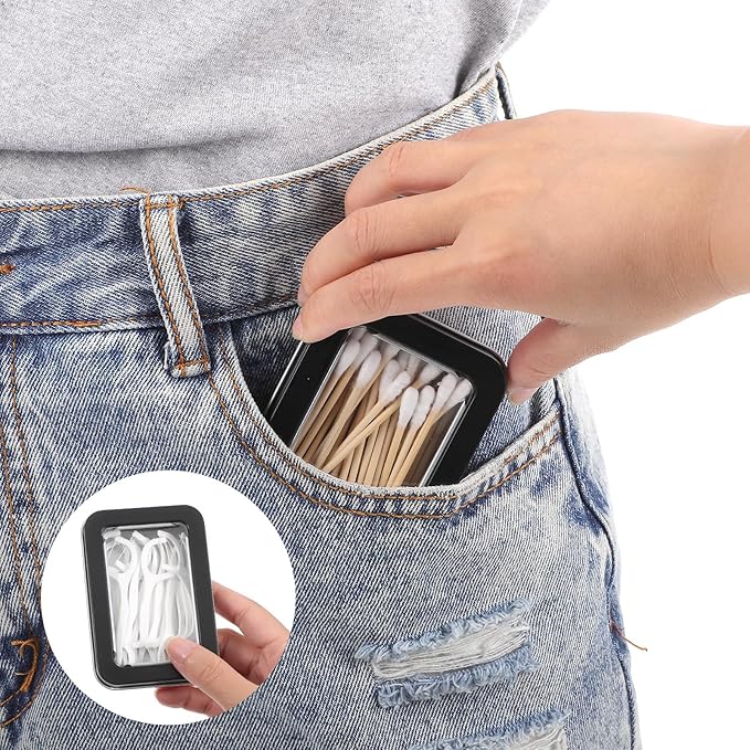 MBAIYO 4Pcs Cotton Swab Holder for Travel, Portable Floss Picks Case with Dustproof Lid Refillable Floss Pick Dispenser Travel Flosses Picks Case with Dustproof Lid for Cotton Swabs Hair Ties (Black)