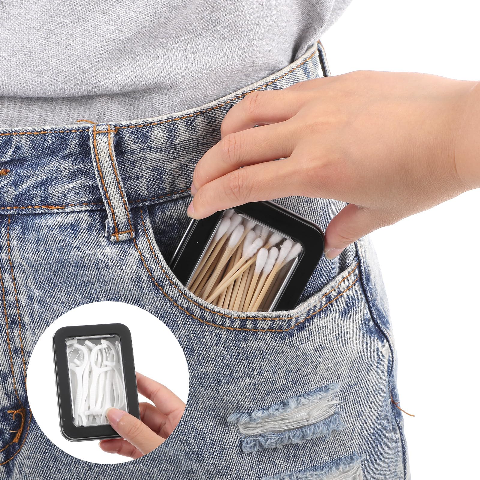 MBAIYO 4Pcs Cotton Swab Holder for Travel, Portable Floss Picks Case with Dustproof Lid Refillable Floss Pick Dispenser Travel Flosses Picks Case with Dustproof Lid for Cotton Swabs Hair Ties (Black)