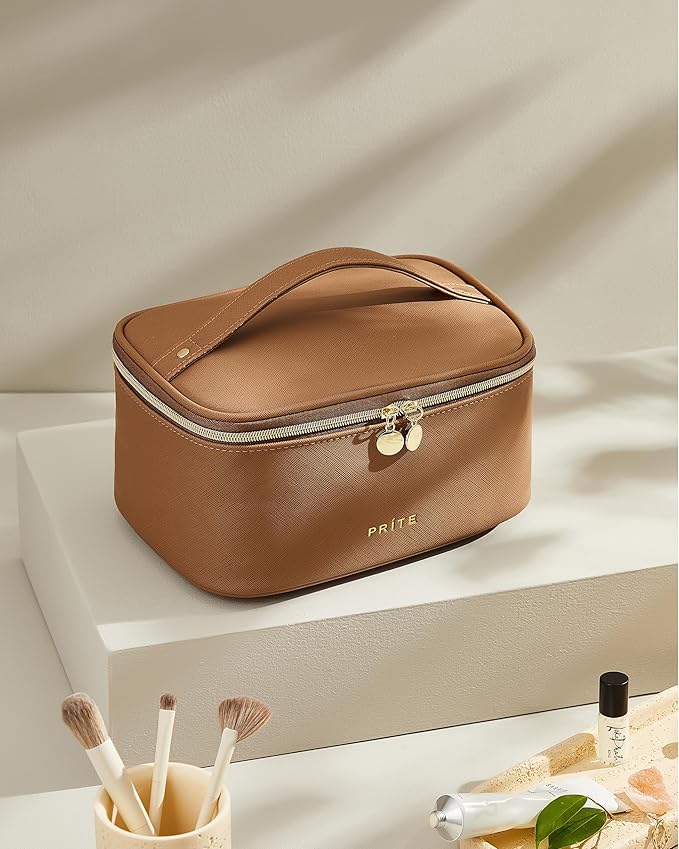 Prite Makeup Bag, Large Capacity Cosmetic Bag for Women and Girls, Waterproof PU Leather Travel Makeup Case, Toiletry Organizer with Handle and Divider for Skincare and Brushes - Brown