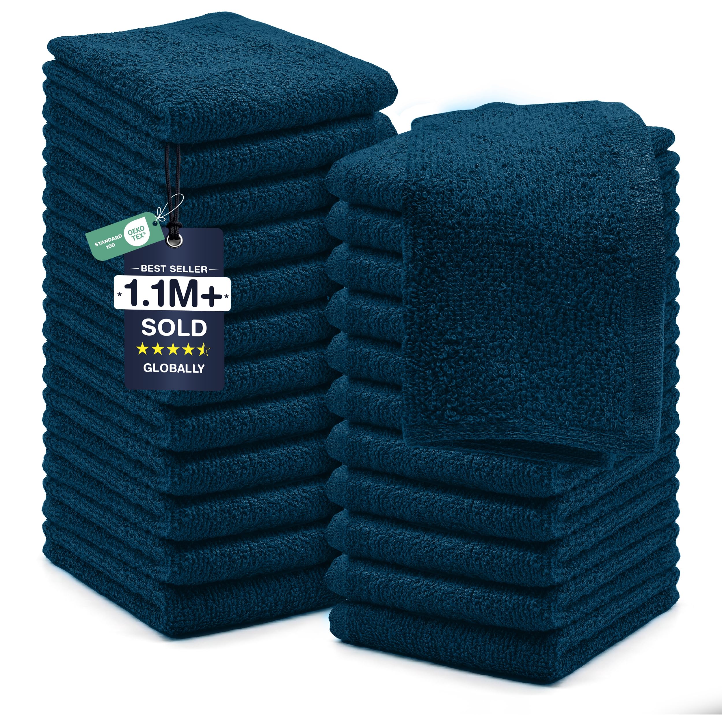 DAN RIVER 24 Pack Cotton Wash Cloths Set for Showering [12x12] Blue Opal