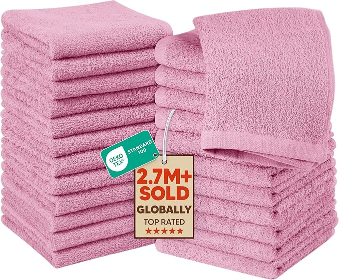 Utopia Towels 24 Pack Cotton Washcloths Set, 100% Ring Spun Cotton, Premium Quality Flannel Face Cloths, Highly Absorbent and Soft Feel Fingertip Towels, Dusty Pink