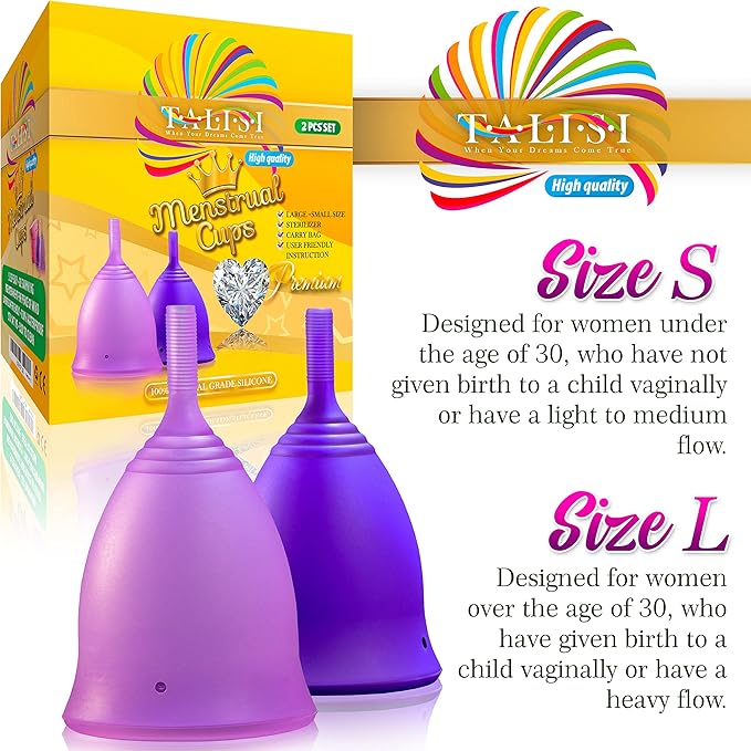 Talisi Reusable Menstrual Cups - Set of 2 Period Cups for Women with Collapsible Sterilization Menstruation Cup for Beginners - Feminine Hygiene Alternative to Tampon and Pad - Regular and Heavy Flow