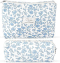 Lestp 2Pcs Quilted Cotton Makeup Bag Travel Makeup Brush Bag Large Small Pouch Set for Women Floral Coquette Makeup Bags Cute Aesthetic Cosmetic Pouch Blue Toiletry Organizer Storage Bags