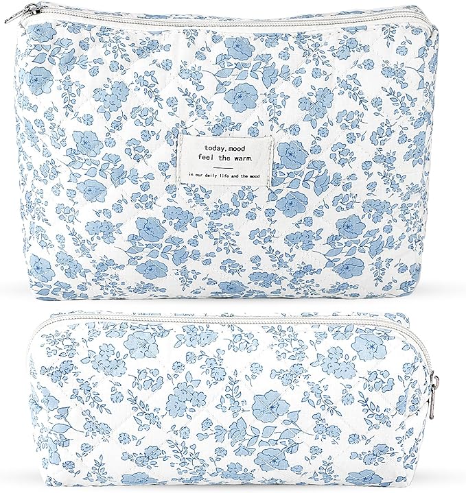 Lestp 2Pcs Quilted Cotton Makeup Bag Travel Makeup Brush Bag Large Small Pouch Set for Women Floral Coquette Makeup Bags Cute Aesthetic Cosmetic Pouch Blue Toiletry Organizer Storage Bags